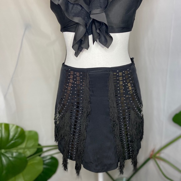 NWT BEBE Black Silk Beaded Fringe Mini Skirt XS - Picture 4 of 10